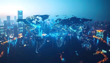 Fototapeta premium Global network map, illuminated with city lights