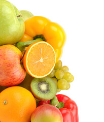 Fruits and vegetables isolated on a white background. There is free space for text.