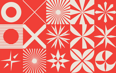 Bold red background with geometric white patterns, including circles, stars, and lines, creating a dynamic and vibrant visual contrast.