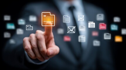 Businessman interacts with glowing digital document icons representing data management and information technology