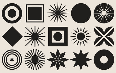 Image of various black geometric shapes on a beige background, featuring circles, stars, squares, and sunburst patterns, conveying a modern and abstract tone.