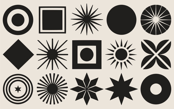 Image of various black geometric shapes on a beige background, featuring circles, stars, squares, and sunburst patterns, conveying a modern and abstract tone.