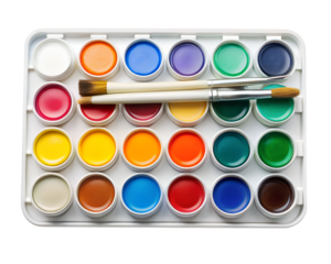 Watercolor paint palette with brushes, isolated on transparent background