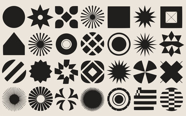 A grid of black geometric shapes on a beige background, including circles, stars, squares, and stripes, conveying a bold and abstract tone.