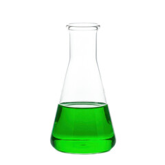 A transparent glass flask, filled with a vibrant green liquid, sits against a plain black background.