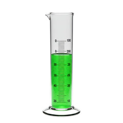 Clear glass graduated cylinder filled with bright green liquid, displaying precise volume measurements.