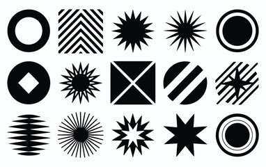 A grid of various unique black geometric shapes on a white background, featuring circles, stars, stripes, and abstract patterns, conveying a modern, dynamic tone.
