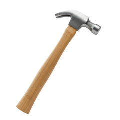 A close-up view of a classic claw hammer with a light wooden handle and a metallic head.