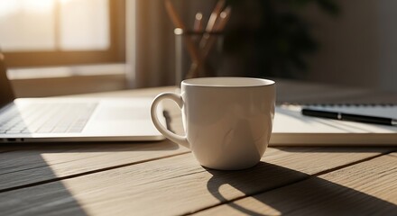 White coffee mug on a wooden table with laptop and notebook ceramic
