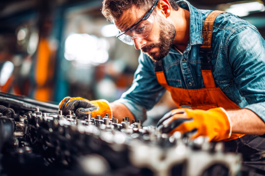 Skilled mechanic inspecting engine components in a busy automotive workshop