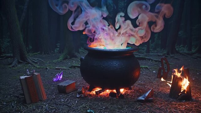  Bubbling witch&rsquo;s cauldron with purple smoke over a campfire at night