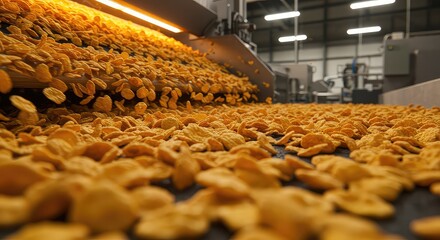 Golden cereal cascades down a production line, creating a vibrant, appetizing display of breakfast goodness in a modern food manufacturing facility