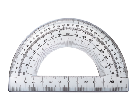 Transparent plastic protractor for measuring angles in geometry and mathematics, isolated on transparent background