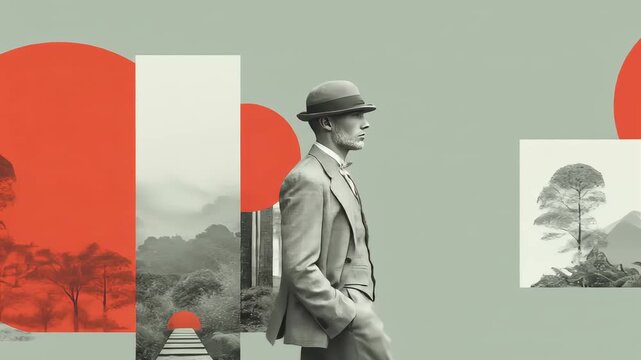 Stylized collage of man in suit and hat in profile with red circles and black-and-white landscape frames
