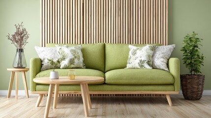 Green sofa and wooden furniture in a modern living room.