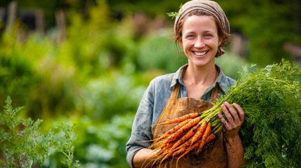 Woman harvesting fresh carrots in a vibrant vegetable garden