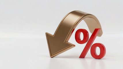 Stunning golden arrow curves downward beside vibrant red percentage sign symbolizing financial decline or reduced costs