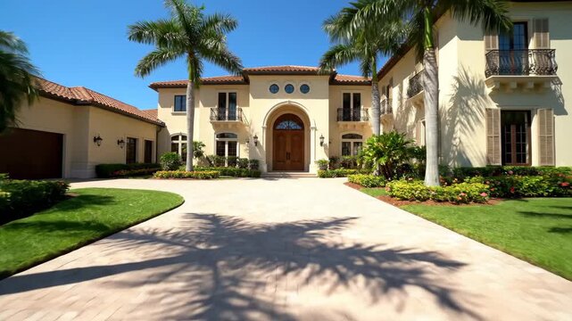 Grand Florida Estate Entrance at Midday - A luxurious Mediterranean-style home in Florida boasts a grand entrance with a long driveway.