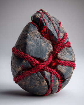 Hyper-realistic animation weathered stone fragment tied with red thread