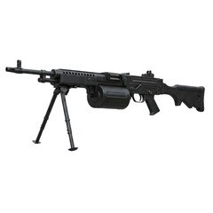 A black machine gun is displayed against a plain black backdrop.
