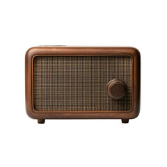 Vintage wooden radio with mesh speaker and tuning knob on black background