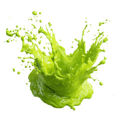 Bright green paint splashing in dynamic motion against a white background during art activity