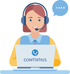 Female Cartoon business support vector illustration of a customer service representative with a headset and a computer