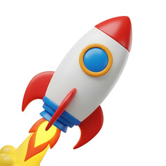 White rocket with red fins and blue accents blasting off with fiery exhaust space launch