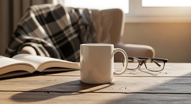 White mug with steam next to open book and glasses on wooden table ceramic coffee