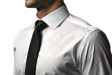 Close up of a man wearing a white shirt and black tie