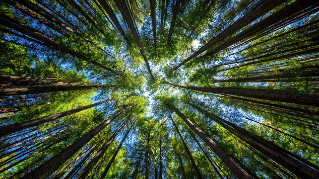 Tall evergreen trees reaching skyward with lush green foliage forest canopy tall trees