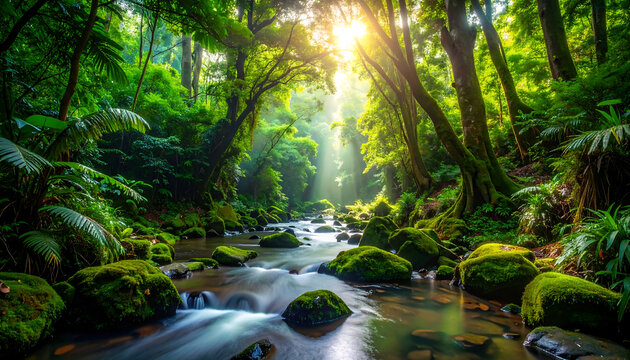 Serene sunlit rainforest stream, moss-covered rocks, lush green foliage, tranquil flowing water, peaceful nature scene, vibrant ecosystem.
