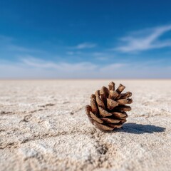 Pine cone on a salt flat, bright sky