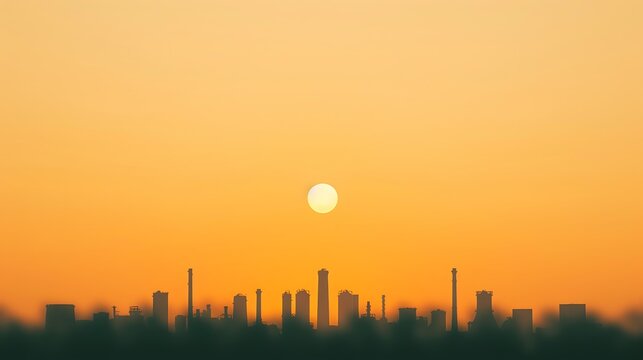 City skyline silhouetted against a vibrant orange sunset sky