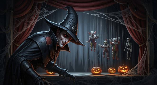 Ultra-realistic creepy puppet master villain controlling human-shaped puppets with glowing strings on a candlelit Halloween stage, surrounded by pumpkins, cobwebs and eerie fog in an abandoned theater