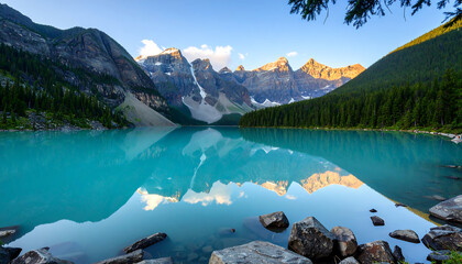 Serene turquoise alpine lake reflecting majestic Canadian Rockies at sunrise; tranquil, peaceful, idyllic mountain scenery.