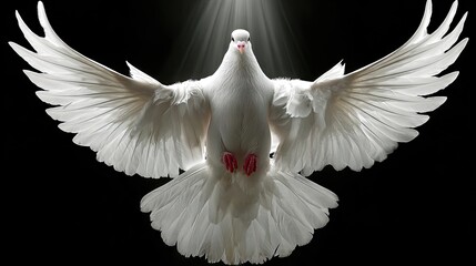 A white dove in flight against a dark background.