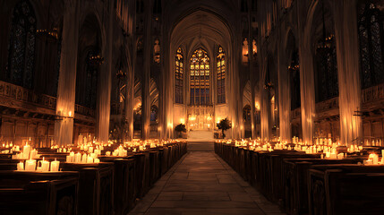 Fototapeta premium Grand cathedral interior illuminated by numerous glowing candles architecture gothic