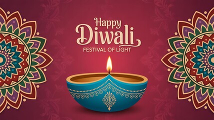 Happy diwali festival of light with candle and mandala design on purple background
