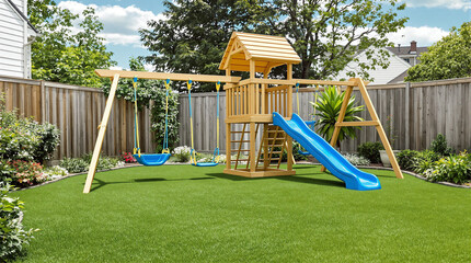 Bright Backyard Playset with Wooden Swing Set, Blue Slide, and Play Tower on Lush Artificial Turf, Perfect for Children's Outdoor Fun and Recreation