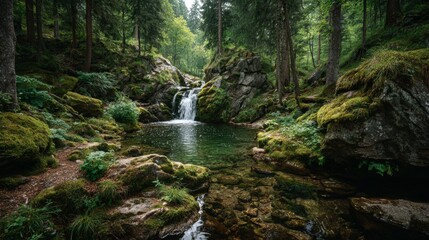 lush green forest with a crystal-clear waterfall cascading between mossy rocks