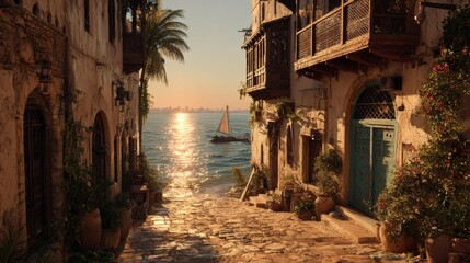 a narrow historical seaside alley at sunset, showing traditional Hejazi architecture on both sides with intricate wooden Rawasheen balconies