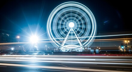 Long exposure of a Ferris wheel’s lights creating circular patterns at night