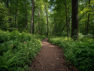 Fototapeta premium A gravel path winding through a dense and lush green forest of trees and ferns.