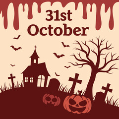 Spooky halloween scene with pumpkins bats and a haunted church on october 31st