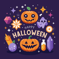 Happy halloween festive illustration with pumpkins ghost and sparkling elements
