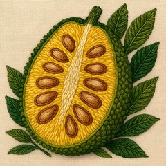 Embroidery patterns style A half jackfruit with seed isolated, cut fresh fruit, realistic healthy food, fresh jackfruit illustration, jackfruit half superfood