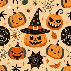 Cute halloween pattern with smiling pumpkins wearing a witch hat and spooky elements