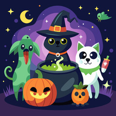 Cute halloween characters including a black cat witch green dog white cat pumpkins and a bird under a starry night sky