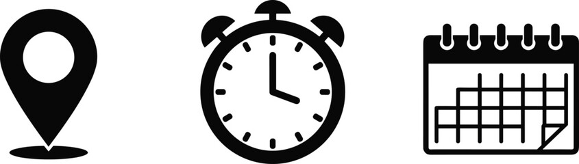 Location pin icon, clock time symbol, calendar date schedule illustration, vector design elements, business planning graphics